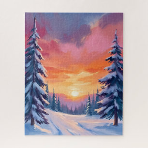Winter Snow Sunset Pastel Watercolor Painting Jigsaw Puzzle