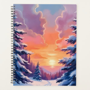Winter Snow Sunset Watercolor Landscape Painting Planner
