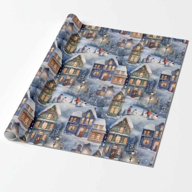 Winter Snow Village Snowman Fun Wrapping Paper (Unrolled)