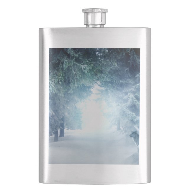 Winter Snow with Wolves in Evergreen Forest Hip Flask (Front)