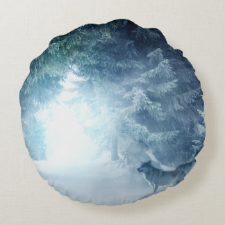 Winter Snow with Wolves in Evergreen Forest Round Cushion