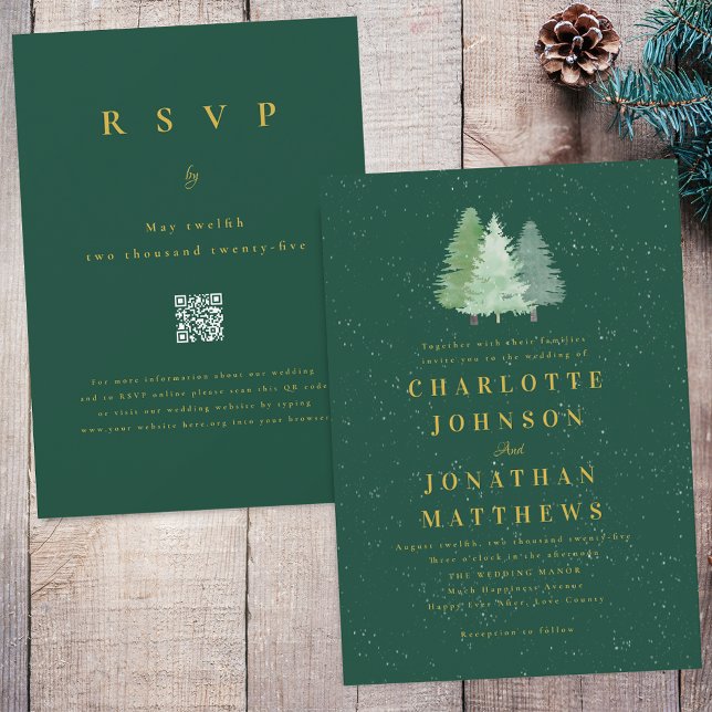 Winter Snow Woodland Green Gold Wedding QR Code Invitation (Modern woodland winter snow green & gold Forest wedding QR code invitation Watercolor evergreen tree)