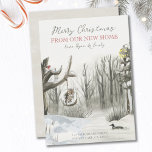 Winter Snow Woodland Nature Christmas Moving Announcement<br><div class="desc">Merry Christmas from our New Home 2-in-1 holiday card and moving announcement with fully editable wording. The design features a mid winter woodland nature scene with the warm glow of a street lamp,  a duck on the lake,  an owl on the swing and a robin in the tree.</div>