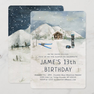 Winter Snowboarding Skiing Birthday Invitation