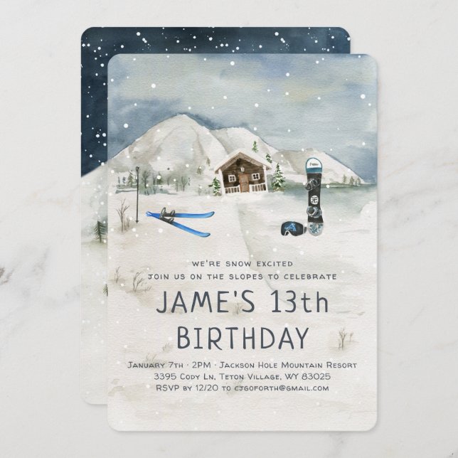 Winter Snowboarding Skiing Birthday Invitation (Front/Back)