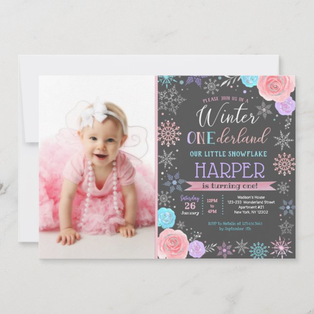 Winter snowflake 1st Birthday Photo Invitations (Front)