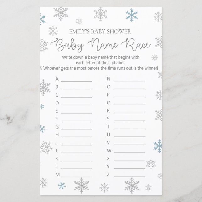 Winter Snowflake Baby Shower Game PRINTED (Front)
