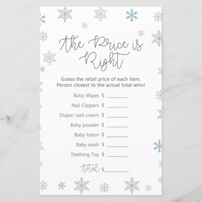 Winter Snowflake Baby Shower Game PRINTED (Front)