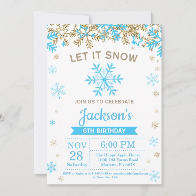 Winter Snowflake Blue and Gold Boy Birthday Invitation (Front)