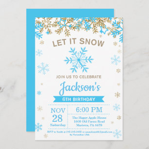 Winter Snowflake Blue and Gold Boy Birthday Invitation