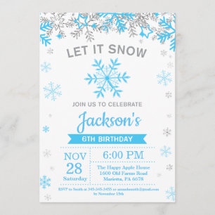 Winter Snowflake Blue and Silver Boy Birthday Invitation