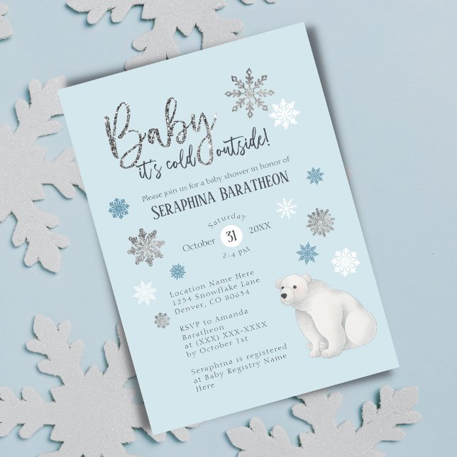 Winter Snowflake Blue Polar Bear Baby Shower Invitation (Creator Uploaded)
