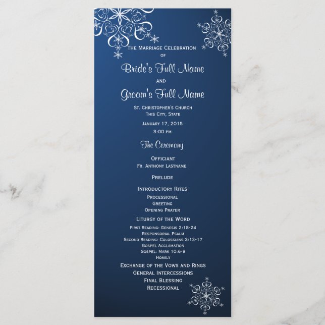 Winter Snowflake Blue Wedding Program (Front)