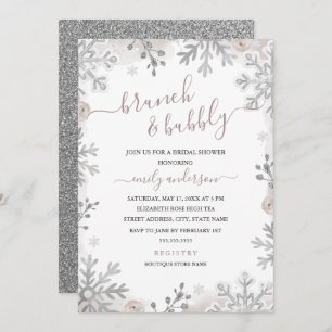 Winter Snowflake Blush Silver Brunch And Bubbly  Invitation