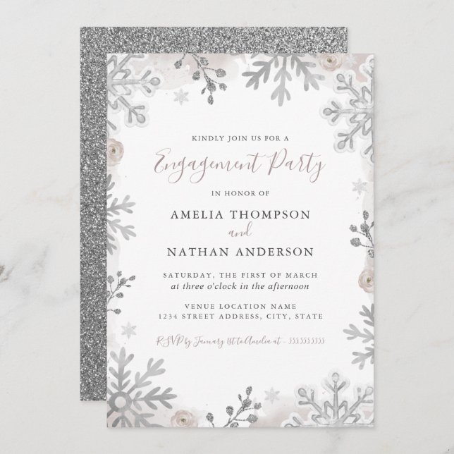 Winter Snowflake Blush Silver Engagement Party Invitation (Front/Back)