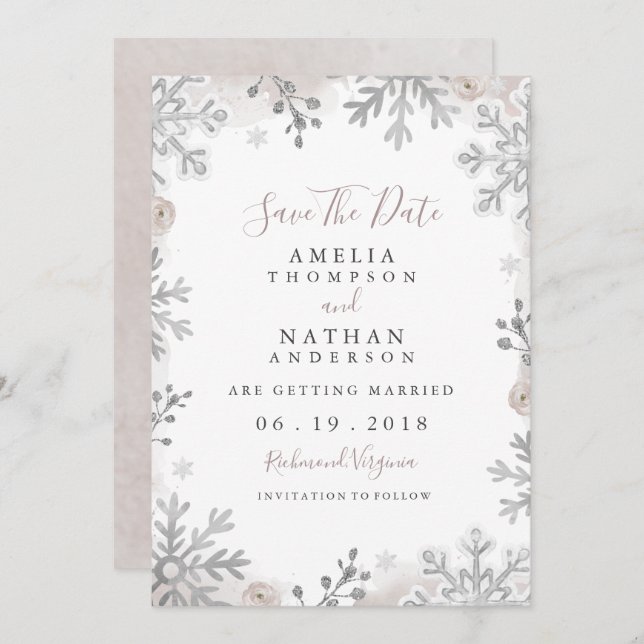 Winter Snowflake Blush Wedding Save The Date  Invitation (Front/Back)