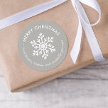 Winter Snowflake Christmas Gift Tag Round Stickers<br><div class="desc">Affordable custom printed Merry Christmas round gift tag stickers personalised with your text. This simple modern holiday design features a white snowflake on a light grey background. Use the design tools to choose any background colour, edit text fonts and colours or upload your own photos to design your own unique...</div>