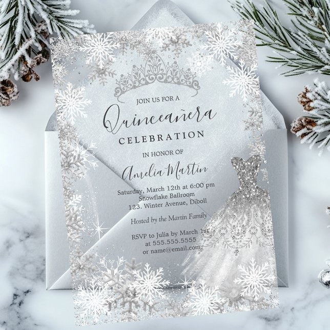 Winter Snowflake Clear Fosted Quinceanera   Acrylic Invitations (Creator Uploaded)