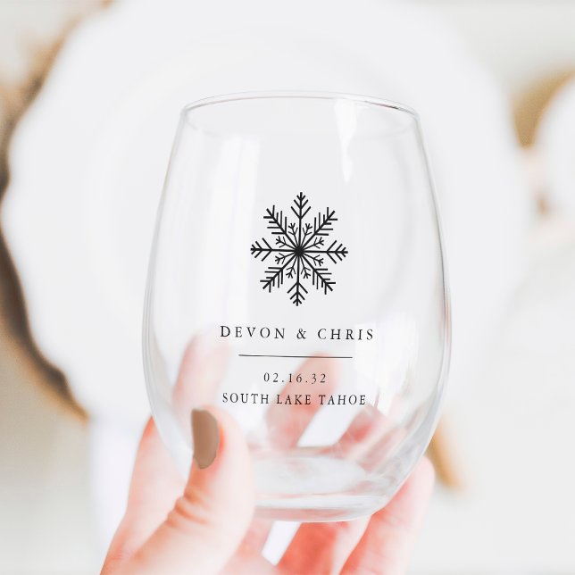 Winter Snowflake Destination Wedding Favour Stemless Wine Glass (Creator Uploaded)