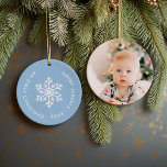 Winter Snowflake First Christmas Keepsake Photo Ceramic Ornament<br><div class="desc">Ceramic holiday ornament personalised with your baby's photo and custom "My First Christmas" text. This simple modern holiday design features a white snowflake on a light blue background. Use the design tools to choose any background colour, edit text fonts and colours and add your own photos to create your own...</div>