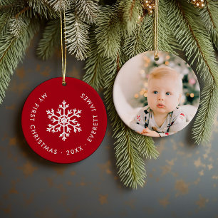 Winter Snowflake First Christmas Keepsake Photo Ceramic Ornament
