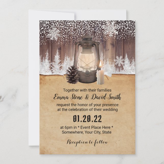 Winter Snowflake Forest Vintage Lantern Wedding Invitation (Front)