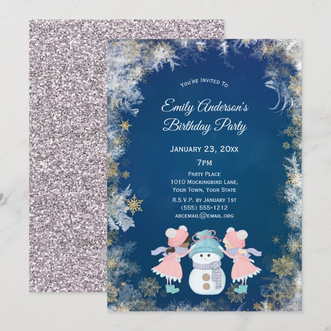 Winter Snowflake Girl Birthday Party Invitation (Front/Back)