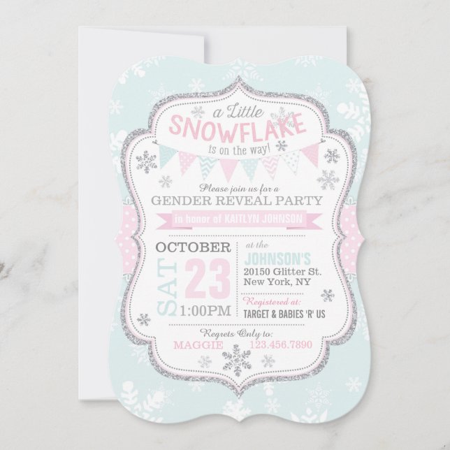 Winter Snowflake Glitter Gender Reveal Invitation (Front)