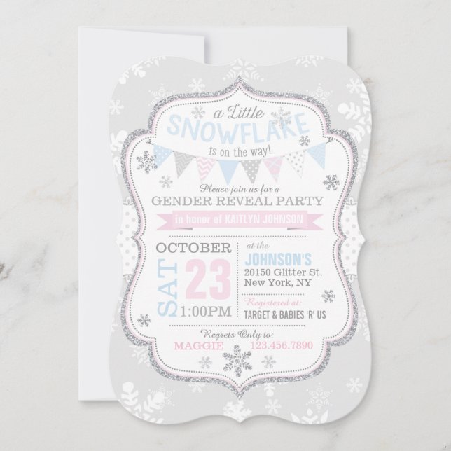 Winter Snowflake Glitter Gender Reveal Invitation (Front)