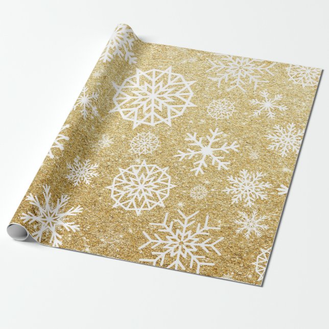Winter Snowflake Gold Glitter Christmas Wrapping Paper (Unrolled)
