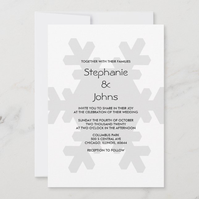 Winter Snowflake Grey White Grey Elegant Wedding Invitation (Front)
