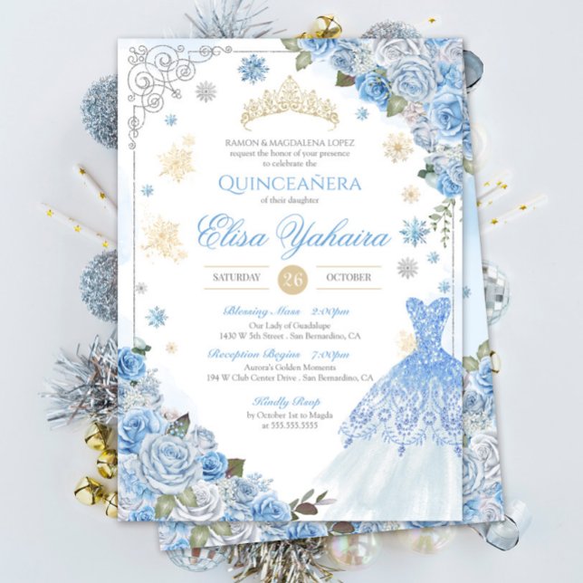 Winter Snowflake Ice Blue Gold Silver Quinceañera  Invitation (Creator Uploaded)