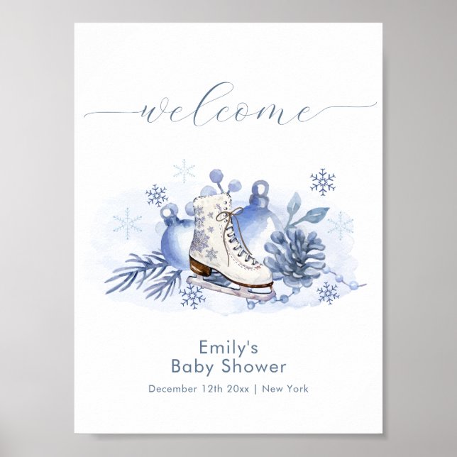 Winter Snowflake Ice Skate Baby Shower Welcome Poster (Front)