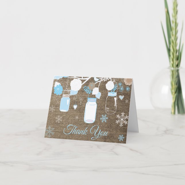 Winter Snowflake Mason Jar Blue Burlap Thank You Card (Front)