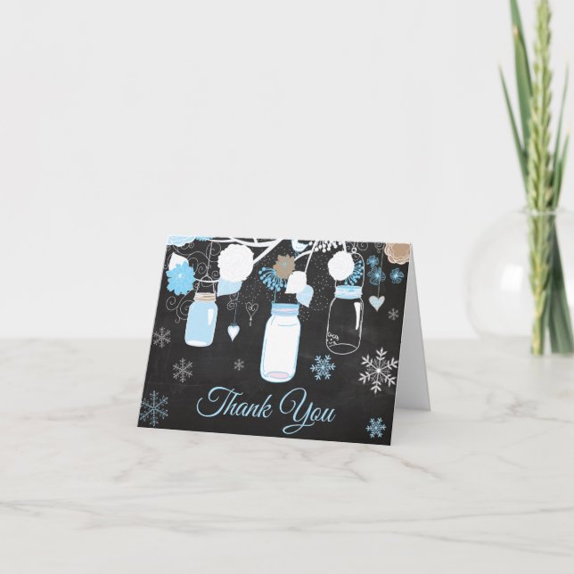 Winter Snowflake Mason Jar Blue Chalkboard Thank You Card (Front)
