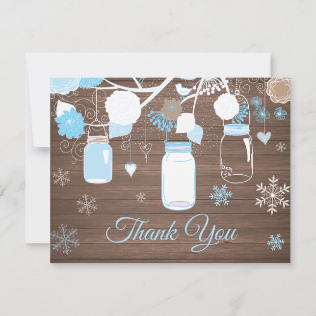 Winter Snowflake Mason Jar Blue Thank You Card (Front)