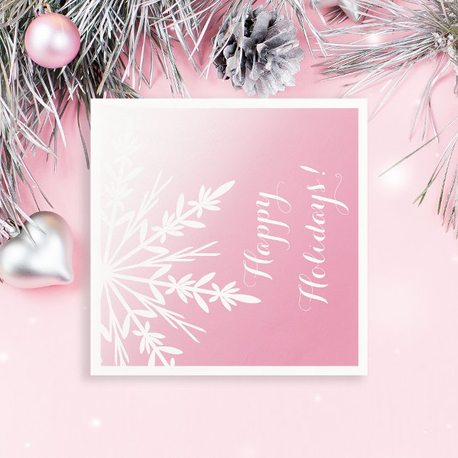 Winter Snowflake on Pink Happy Holidays Christmas Napkin (Creator Uploaded)