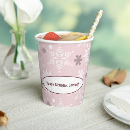 Winter Snowflake Pale-Pink Happy Birthday Paper Cups