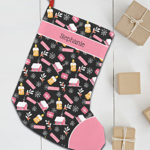 Winter Snowflake Pattern Black And Pink Custom Small Christmas Stocking