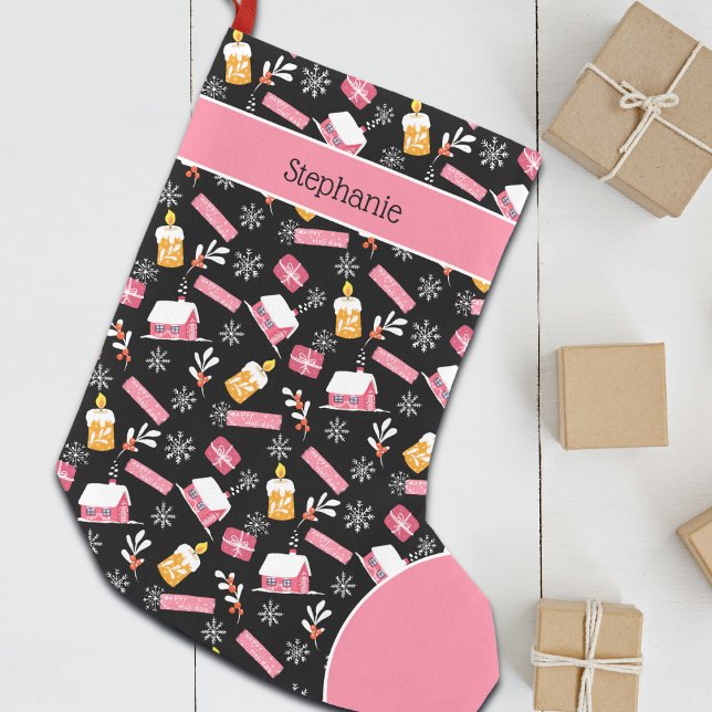 Winter Snowflake Pattern Black And Pink Custom Small Christmas Stocking (Creator Uploaded)
