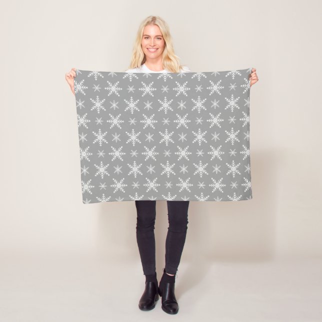 Winter Snowflake Pattern On Grey Fleece Blanket (In Situ)