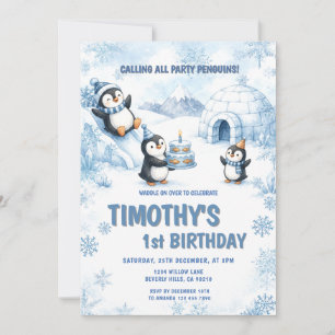 Winter Snowflake Penguin First Birthday Invitation