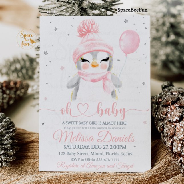 Winter Snowflake Penguin Invitation Baby Shower  (Winter Baby Shower Pinguin invitation)