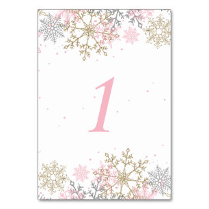 Winter Snowflake Pink and Gold Baby Shower Table Number
