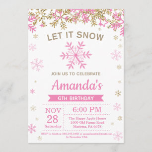Winter Snowflake Pink and Gold Girl Birthday Invitation