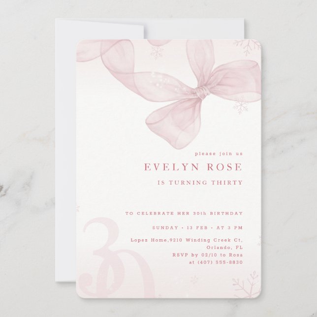 Winter Snowflake Pink Bow 30th Birthday Party Invitation (Front)