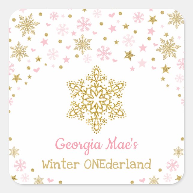 Winter Snowflake Pink Gold Birthday Party Favors Square Sticker (Front)