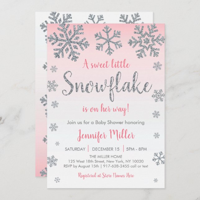 Winter Snowflake Pink & Silver Baby Shower Invitation (Front/Back)