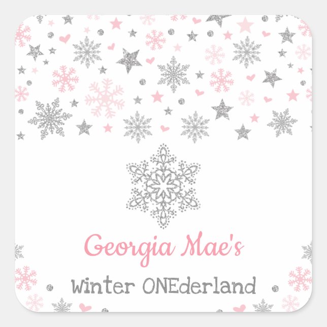Winter Snowflake Pink Silver Birthday Party Favors Square Sticker (Front)