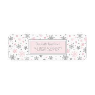 Winter Snowflake Pink Silver Birthday Party Shower Return Address Label